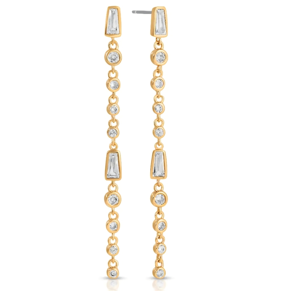 Ettika Earrings Clear Crystal Linear Dangle 18k Plated Gold Contemporary Jewelry